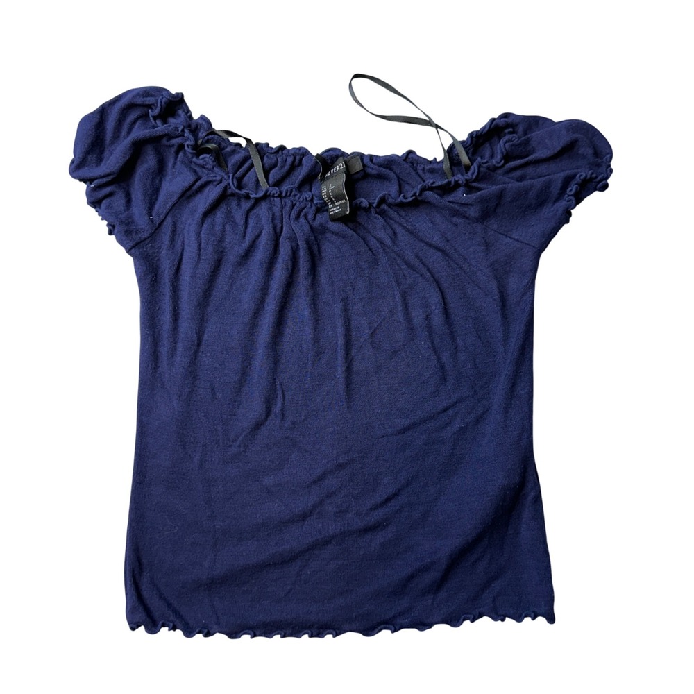 Forever 21 Top Girls S Navy Blue Off Shoulder Lettuce Hem Ruffle Short Sleeve